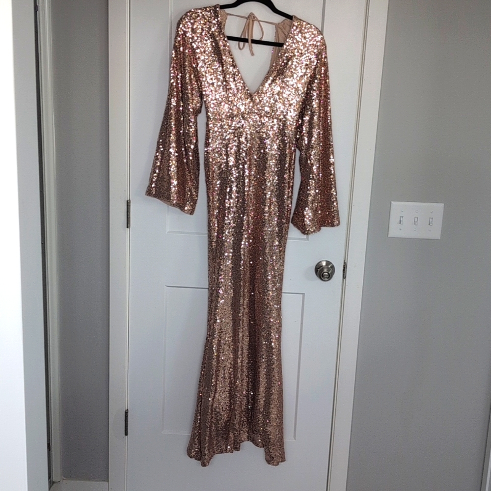Club L London Nude / rose gold sequin maxi mermaid formal dress